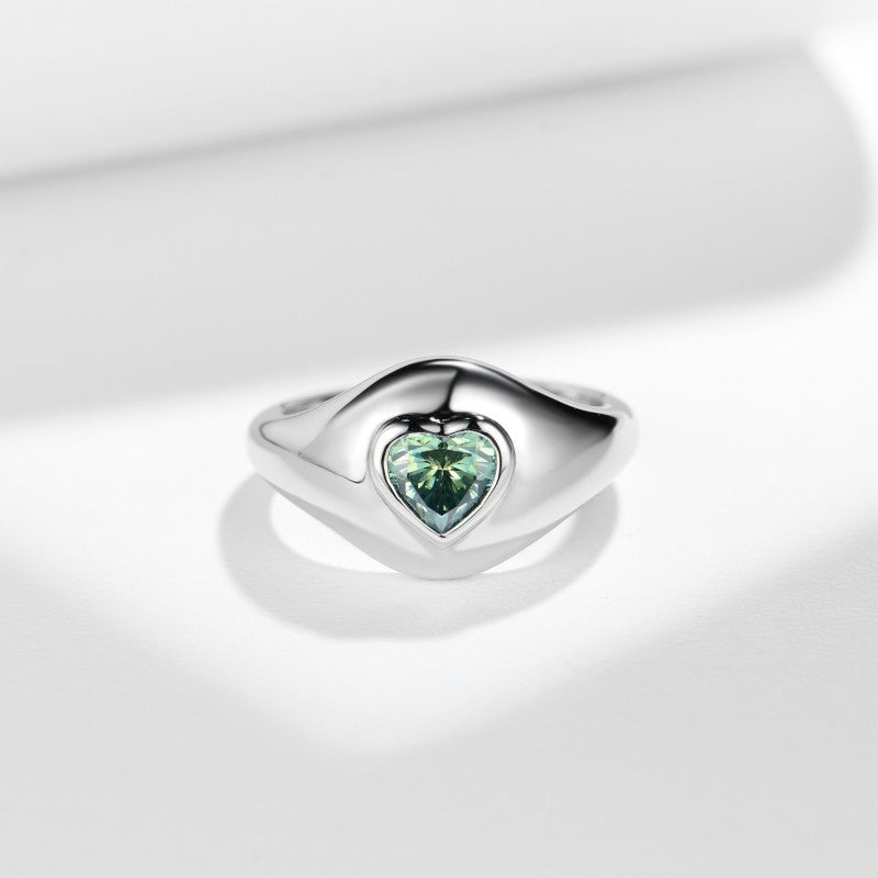 1 Ct Green Moissanite Engagement Ring 6.5mm Silver Heart Dome Ring - Rhyme - and - Chain