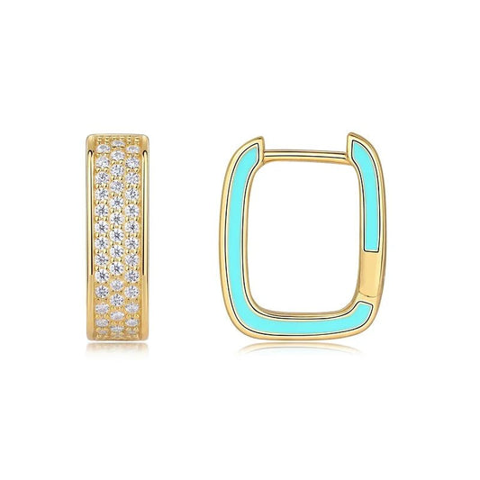 18K Gold Plated Square Hoop Earrings Silver with Sparkling Moissanite Turquoise Enamel - Rhyme - and - Chain