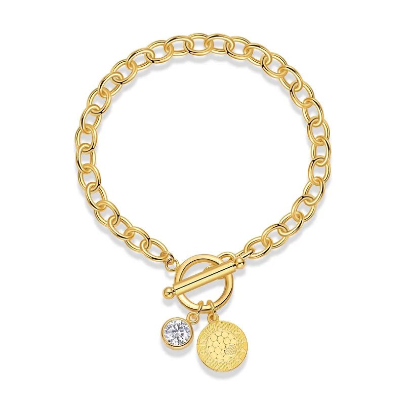 1ct Moissanite Chain Charm Bracelet in 18K Gold Plated Silver, Toggle - Closure for Style - Chicmoissanite