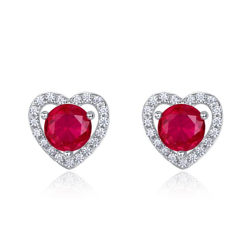 Cultivated Ruby Heart Stud Earrings S925 Sterling Silver - Rhyme-and-Chain