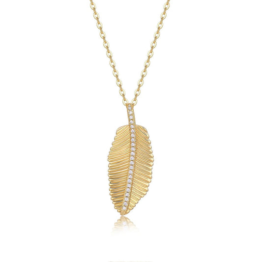 Moissanite Feather Pendant Necklace, S925 Silver, 18K Gold Plated, Elegant Design, Perfect Gift for Women - Chicmoissanite