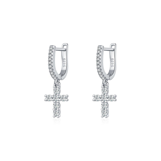 Moissanite Sterling Silver Cross Sterling Silver Eardrops - Rhyme - and - Chain