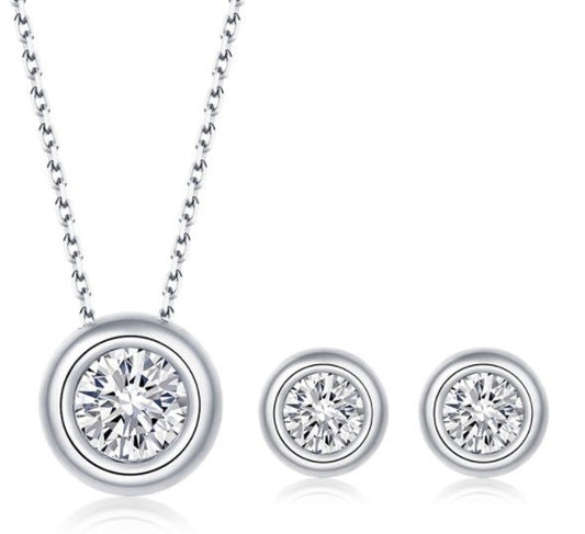 Round Bezel Pendant S925 Sterling Silver Moissanite Necklace Earrings Set - Chicmoissanite