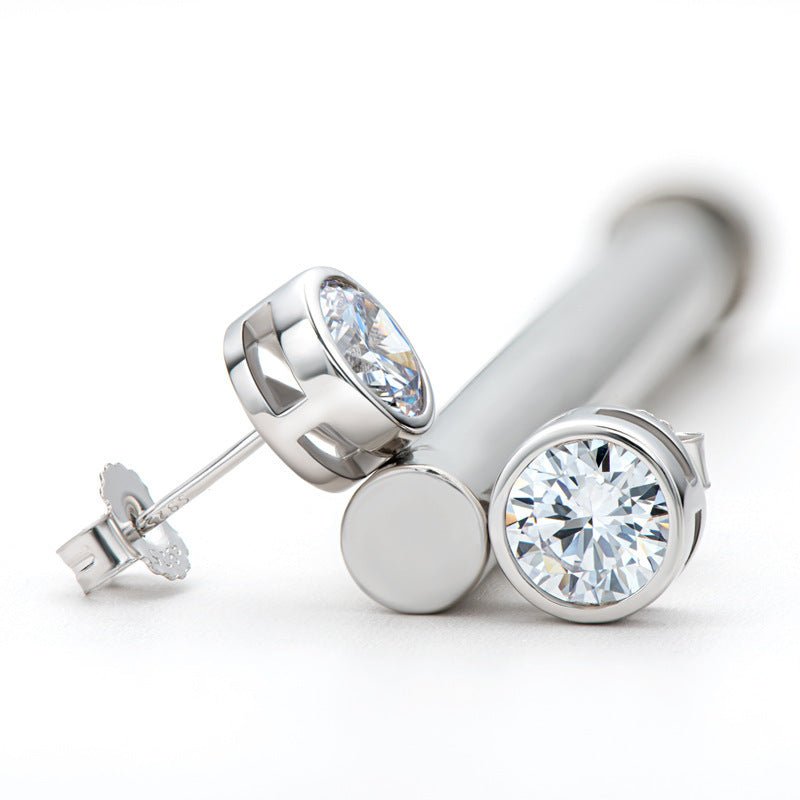 Round Moissanite Bezel Stud Earrings - Rhyme - and - Chain