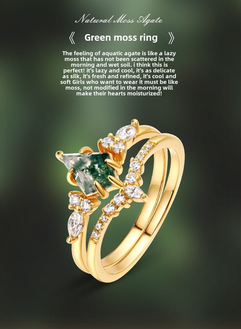 S925 Silver Green Moss Agate Stone Engagement Ring - Rhyme - and - Chain