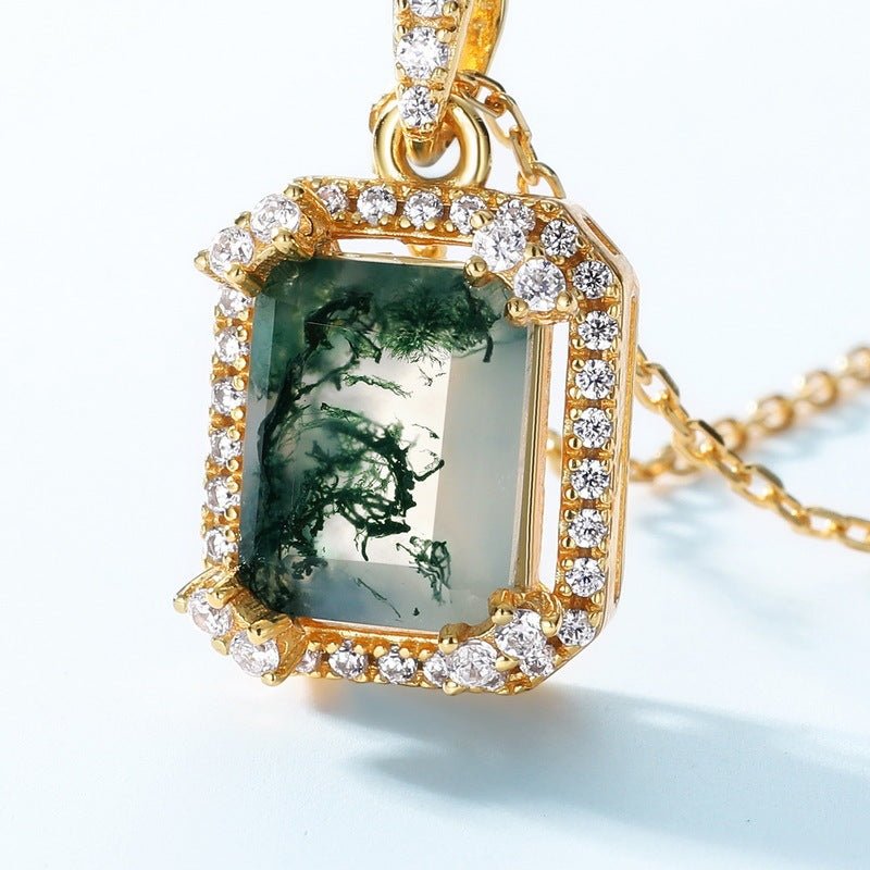 S925 Silver Green Moss Stone Pendant - Rhyme - and - Chain