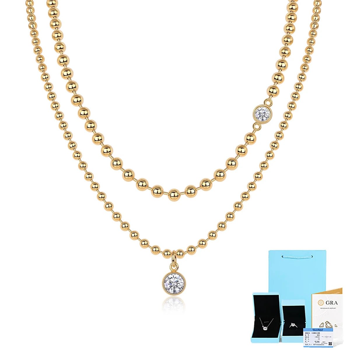 S925 Silver Moissanite Layered Necklace Set, D Color VVS1 Double Chains - Rhyme - and - Chain