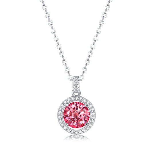 S925 Silver Necklace Women's Round Pendant Pink Moissanite - Rhyme - and - Chain