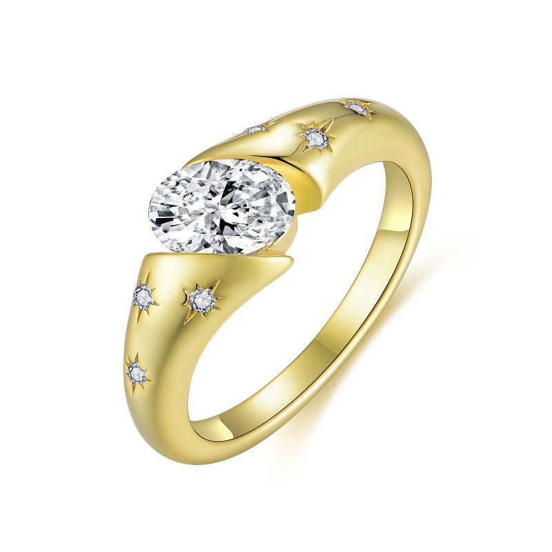 Star Oval Moissanite Engagement Ring 1 Carat S925 Silver 18k Gold Plated - Rhyme - and - Chain